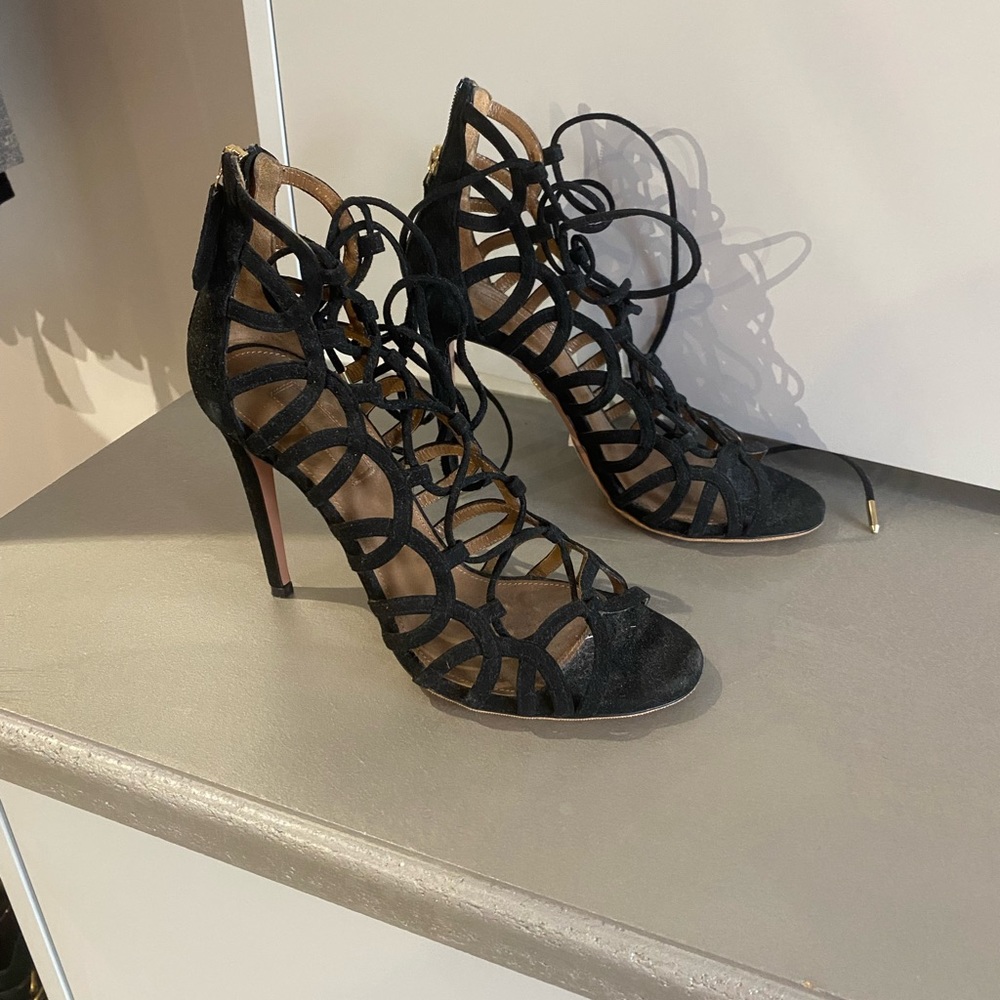 Aquazzura Ooh Lala Black Suede Lace-Up Sandals